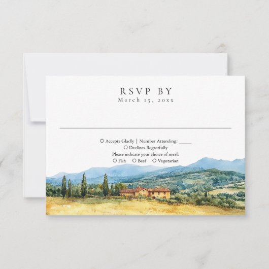 Tuscany Italy Rustic Country Watercolor Wedding 出欠カード (正面)