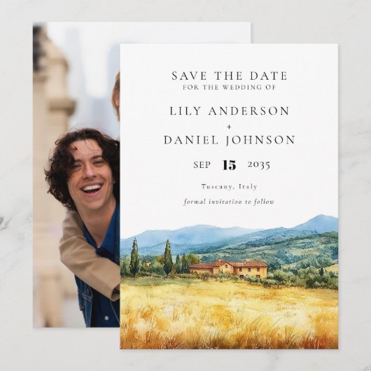 Tuscany Italy Rustic Watercolor Photo Wedding セーブザデート (正面/裏面)