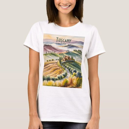 Tuscany Rolling Hills Watercolor Landscape Travel Tシャツ (正面)