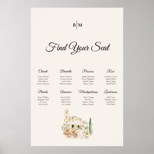 Tuscany Wine Table Wedding Seating Chart Poster ポスター (正面)