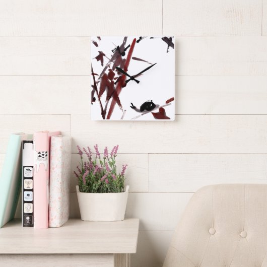 Tuschekunst mit Schnecke und Rotem Bambus スクエア壁時計 (読書スペース)