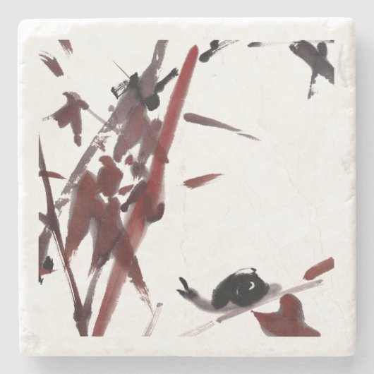 Tuschekunst mit Schnecke und Rotem Bambus ストーンコースター (正面)