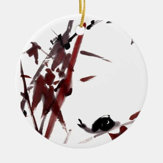 Tuschekunst mit Schnecke und Rotem Bambus セラミックオーナメント (正面)