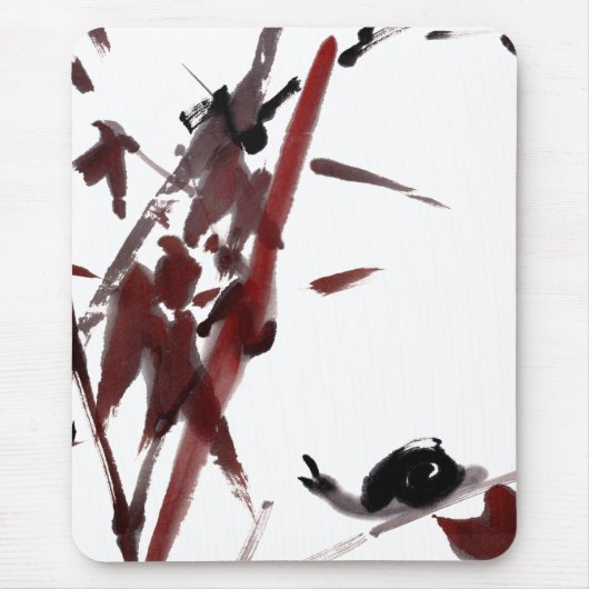 Tuschekunst mit Schnecke und Rotem Bambus マウスパッド (正面)