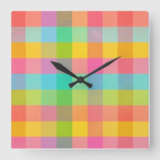 Tutti Frutti Plaid – 壁カラフル市松模様に時計 スクエア壁時計 (正面)