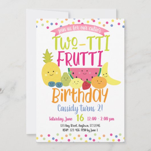 Tutti "Two-tti" Fruttiおもしろい子供の誕生日パーティー 招待状 (正面)