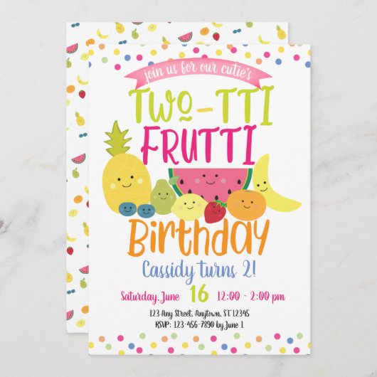 Tutti "Two-tti" Fruttiおもしろい子供の誕生日パーティー 招待状 (正面/裏面)
