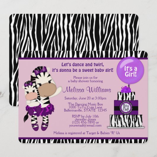 TuTu Cute Baby Shawer ZEBRA Lavendar Purple 085 招待状 (正面/裏面)