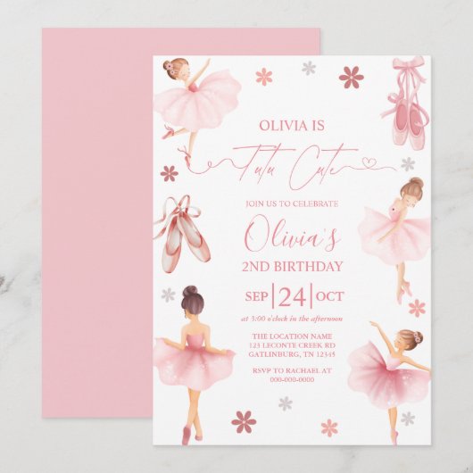 Tutu Cute Ballerina Pink Coquette Second Birthday  招待状 (正面/裏面)