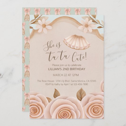 Tutu Cute Ballet Girls Second Birthday Invitation 招待状 (正面/裏面)