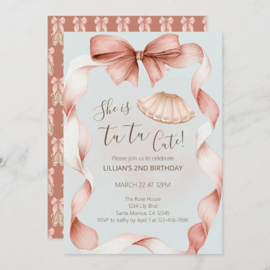 Tutu Cute Ballet Second Birthday Invitation 招待状 (正面/裏面)