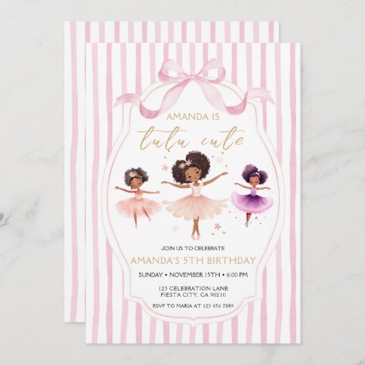 Tutu Cute Birthday Ballerina Pink Bow Invitation 招待状 (正面/裏面)