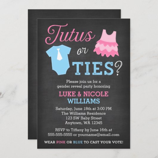 TutusまたはTesジェンダーがパーティー赤ちゃんシャワーを明らかにする 招待状 (正面/裏面)