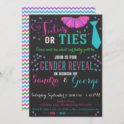 TutusまたはTesジェンダーが黒板の少年または少女を明らかにする 招待状 (正面/裏面)