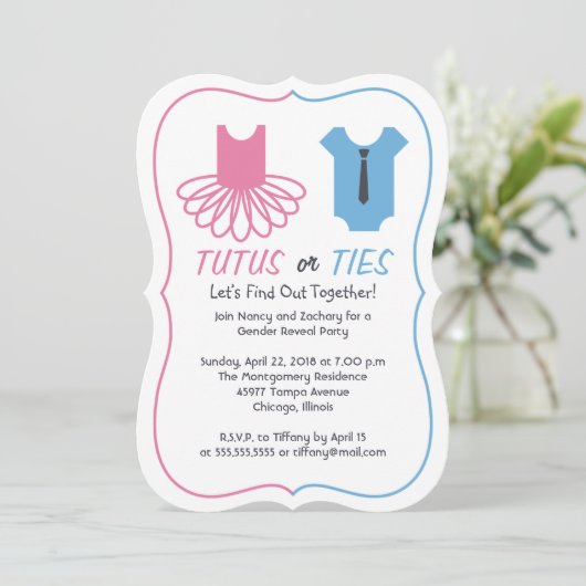 TutusまたはTiesの性別表示パーティー 招待状 (スタンド正面)