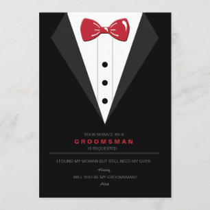 Tuxedoと赤の弓タイのGroomsmanリクエストカード 招待状