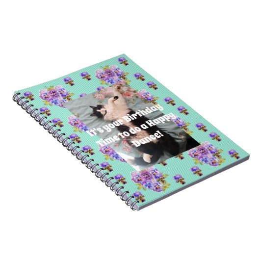 Tuxedo猫かわいいおもしろいフローラアクアストライプノート ノートブック (右側)