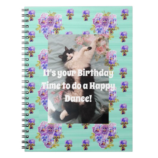 Tuxedo猫かわいいおもしろいフローラアクアストライプノート ノートブック (正面)