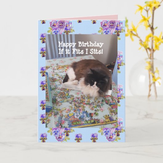 Tuxedo猫かわいいおもしろい猫を箱に入れた猫の猫カード カード (黄色い花)