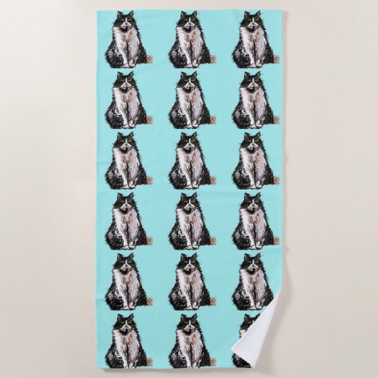 Tuxedo猫かわいいかわいらしアクアキャッツ水彩画Bea ビーチタオル (正面)