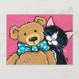 Tuxedo猫と蝶ネクタイ付きテディベア ポストカード