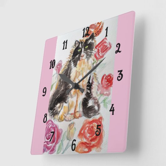 Tuxedo猫の猫アート動物子供ルーム時計 スクエア壁時計 (傾斜)