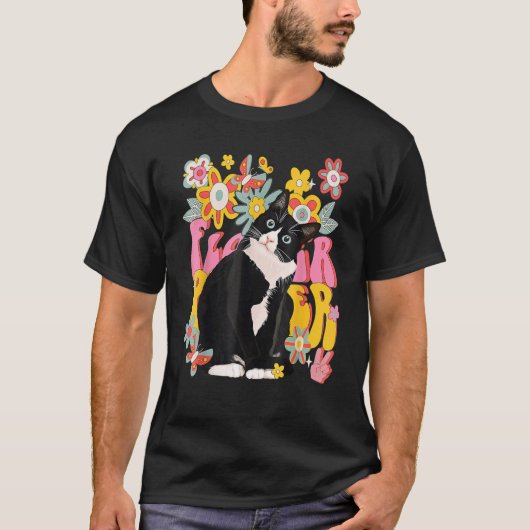 Tuxedo猫レトロ60s 70sビービーフラワーピースサインV Tシャツ (正面)