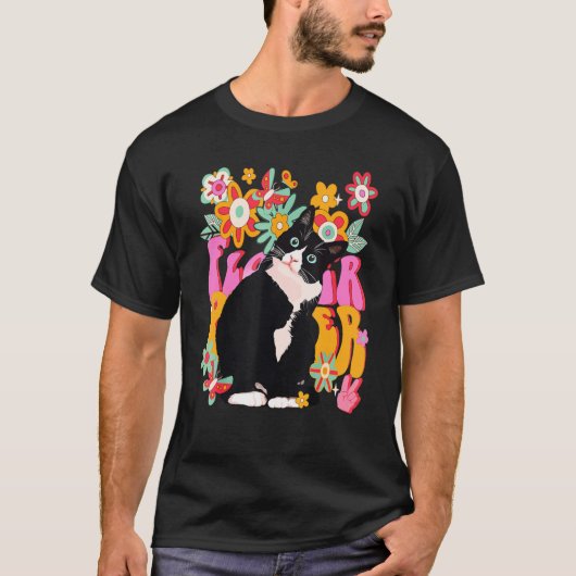 Tuxedo猫レトロ60s 70sビービーフラワーピースサインV Tシャツ (正面)