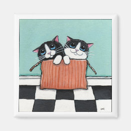 Tuxedo猫2匹を箱に入れて | Cat Art Magnet マグネット