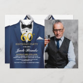 Tuxedo 60誕生日フォトスーツ海軍タイ金ゴールド 招待状 (正面/裏面)