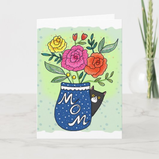 Tuxedo Cat and Flowers Custom Text Mother's Day カード (正面)