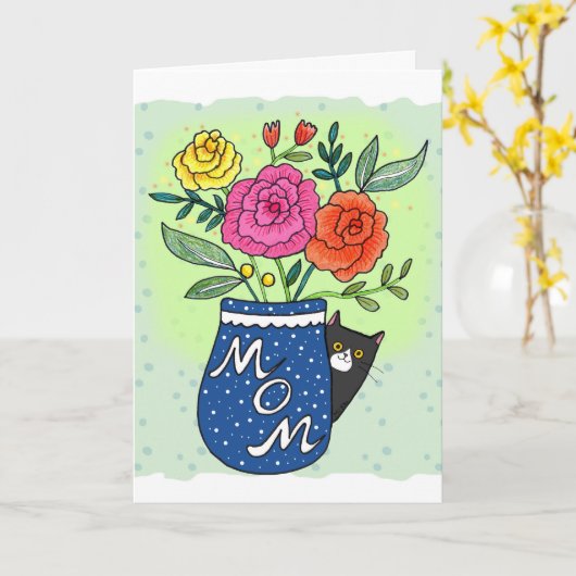 Tuxedo Cat and Flowers Custom Text Mother's Day カード (黄色い花)
