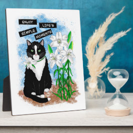 Tuxedo Cat and Lilies | Inspirational Quote フォトプラーク