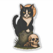 Tuxedo Cat and Skull – Cute Gothic Graveyard Desig シール (正面)