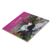 Tuxedo Cat Cats and Flowers Girls Name Dark Pink タイル (側面)