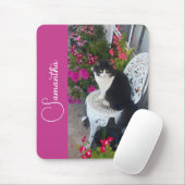 Tuxedo Cat Cats and Flowers Girls Name Dark Pink マウスパッド (マウス)