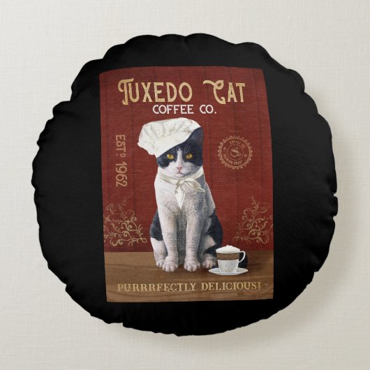 Tuxedo Cat Chef Coffee Love Tuxedo Lover Cat Life ラウンドクッション (正面)