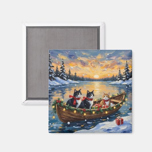 Tuxedo Cat Christmas Boat Holiday マグネット (正面/裏面)