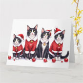 Tuxedo Cat Christmas Dress Santa Hat カード (黄色い花)