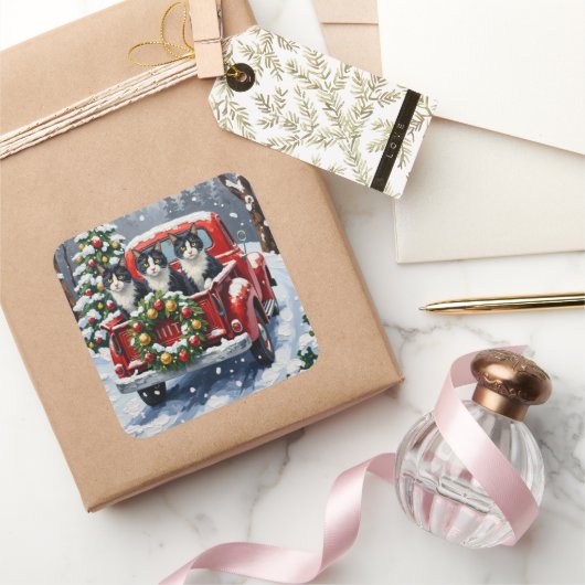 Tuxedo Cat Christmas Red Truck Holiday スクエアシール (ギフト)