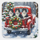Tuxedo Cat Christmas Red Truck Holiday スクエアシール (正面)