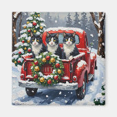 Tuxedo Cat Christmas Red Truck Holiday マグネット (正面)