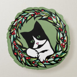 Tuxedo Cat Christmas Yule Holiday Cats Catmas Art  ラウンドクッション