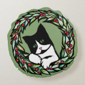 Tuxedo Cat Christmas Yule Holiday Cats Catmas Art  ラウンドクッション (裏面)