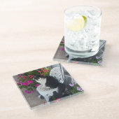 Tuxedo Cat Cute with Pretty Flowers Black Cats ガラスコースター (アングル)