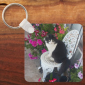 Tuxedo Cat Cute with Pretty Flowers Black Cats キーホルダー (正面)