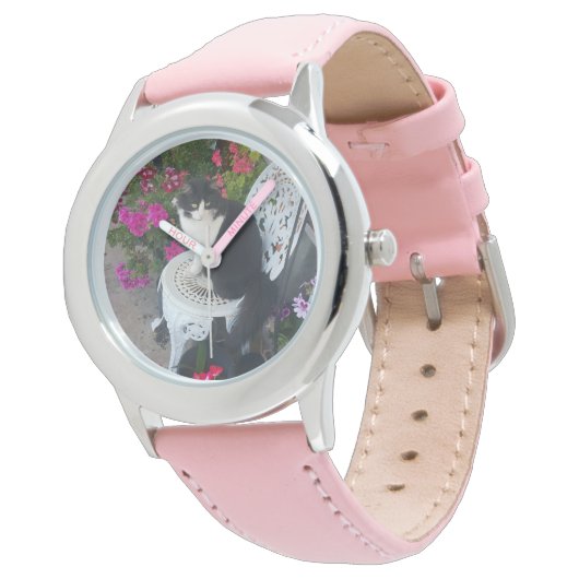 Tuxedo Cat Cute with Pretty Flowers Black Cats 腕時計 (アングル)
