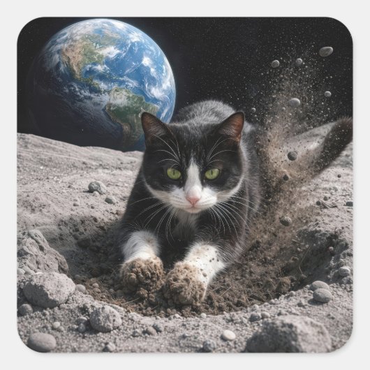 Tuxedo Cat Digging a Moon Crater スクエアシール (正面)