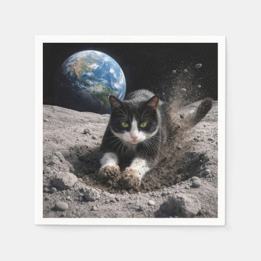 Tuxedo Cat Digging a Moon Crater スタンダードカクテルナプキン (正面)