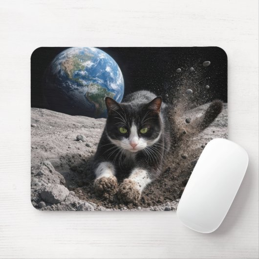 Tuxedo Cat Digging a Moon Crater マウスパッド (マウス)